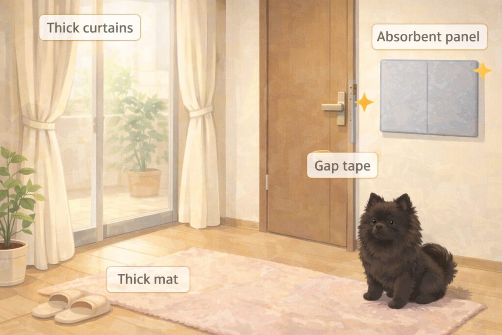 賃貸でもできる防音対策を示した室内イラストと黒ポメラニアン