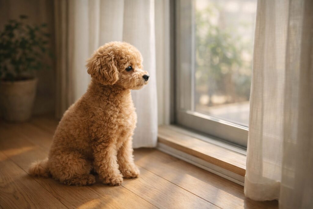 留守番中に窓辺で落ち着いて過ごす犬のイメージ