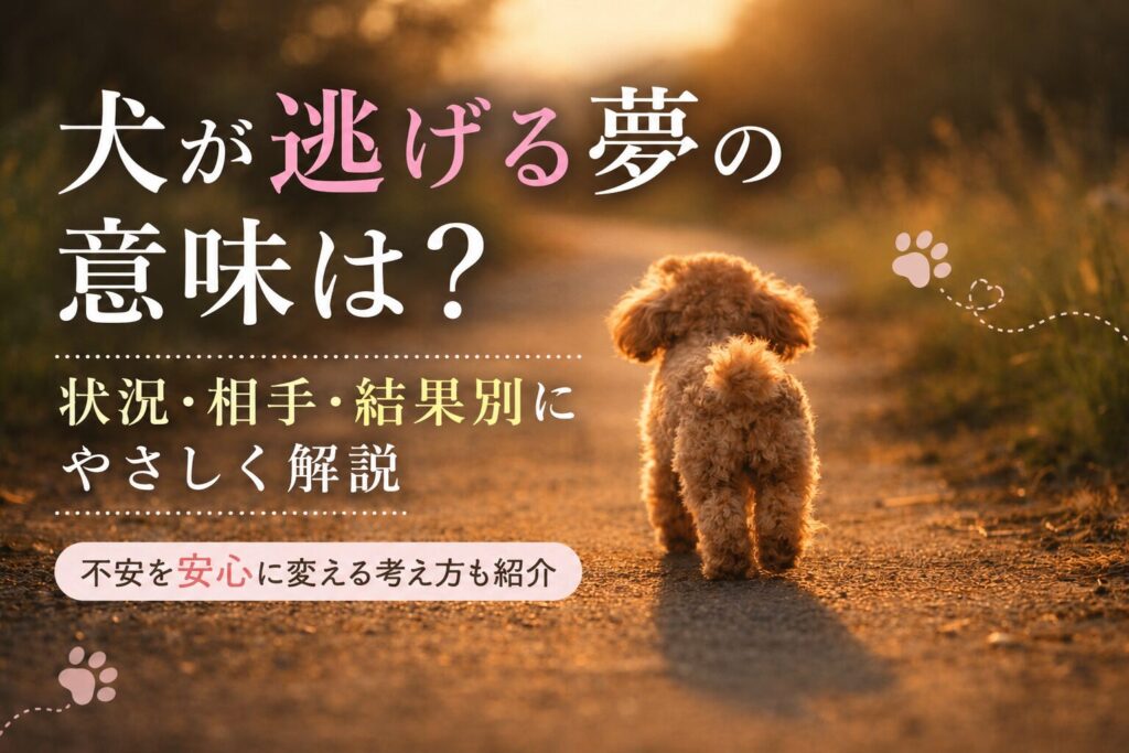 夕暮れの道を歩いていくトイプードルと「犬が逃げる夢の意味は?」の文字が入ったアイキャッチ画像。夢占いの意味や心理を解説するイメージ。
