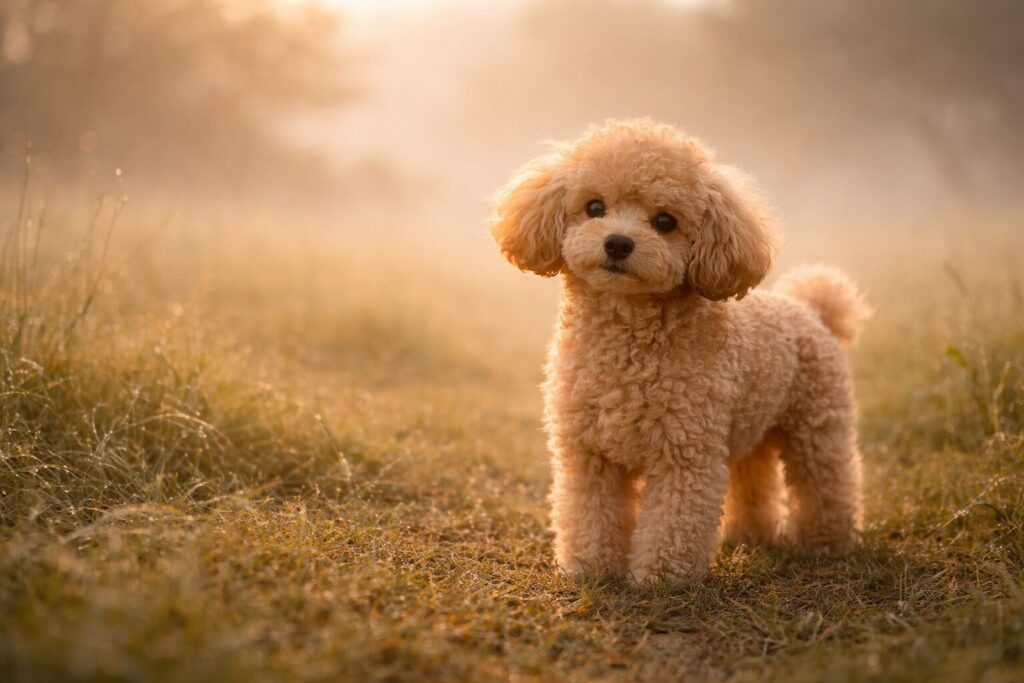 やわらかい光の中に立つポメラニアン｜亡くなった愛犬が夢に出るイメージ