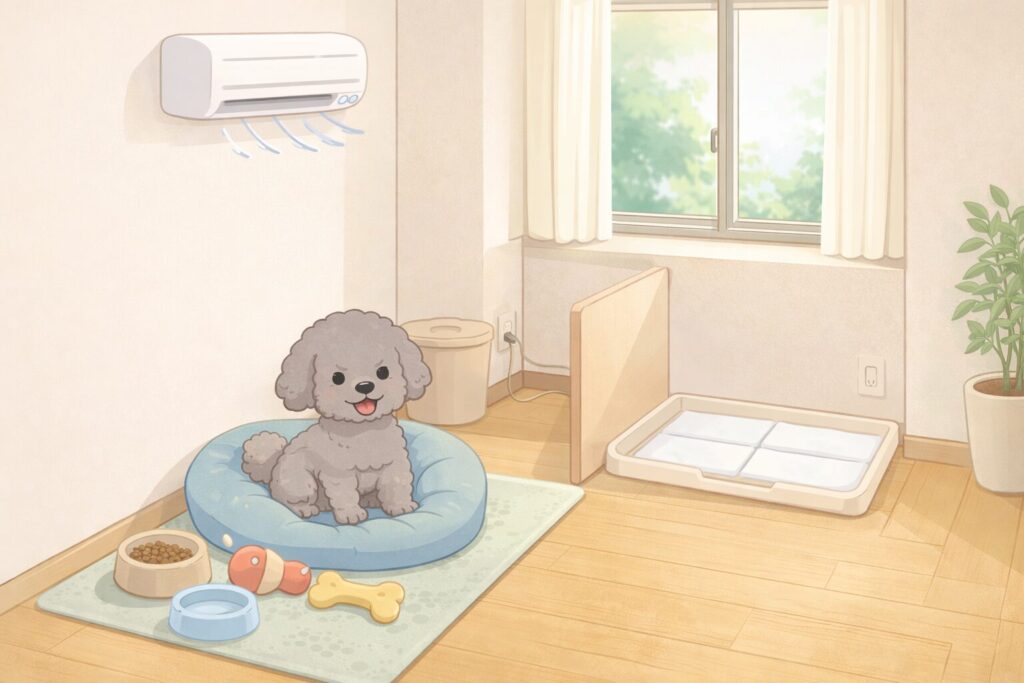 エアコン管理された室内でトイレとベッドが分かれている犬の環境イラスト