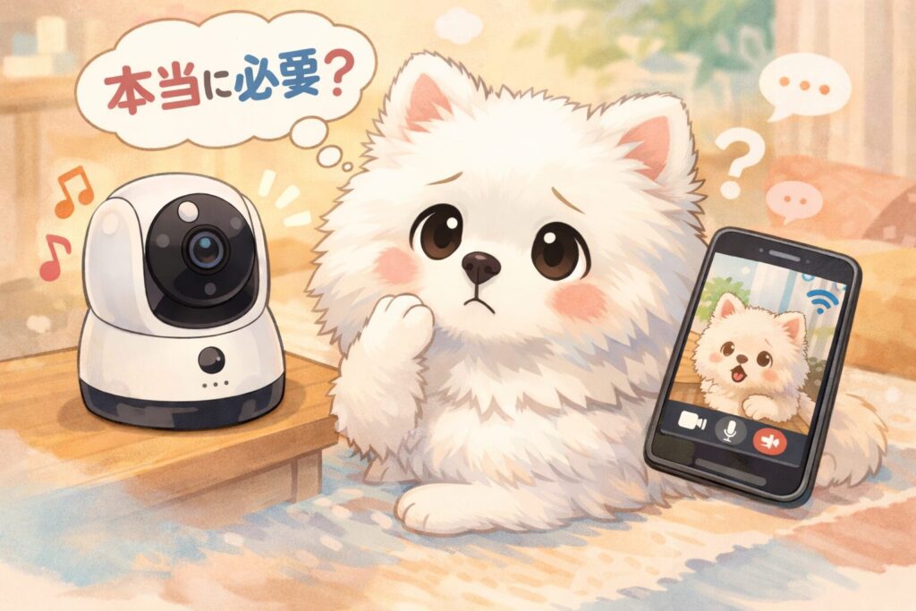 見守りカメラとスマホを前に不安そうな表情をする白ポメラニアンのイラスト