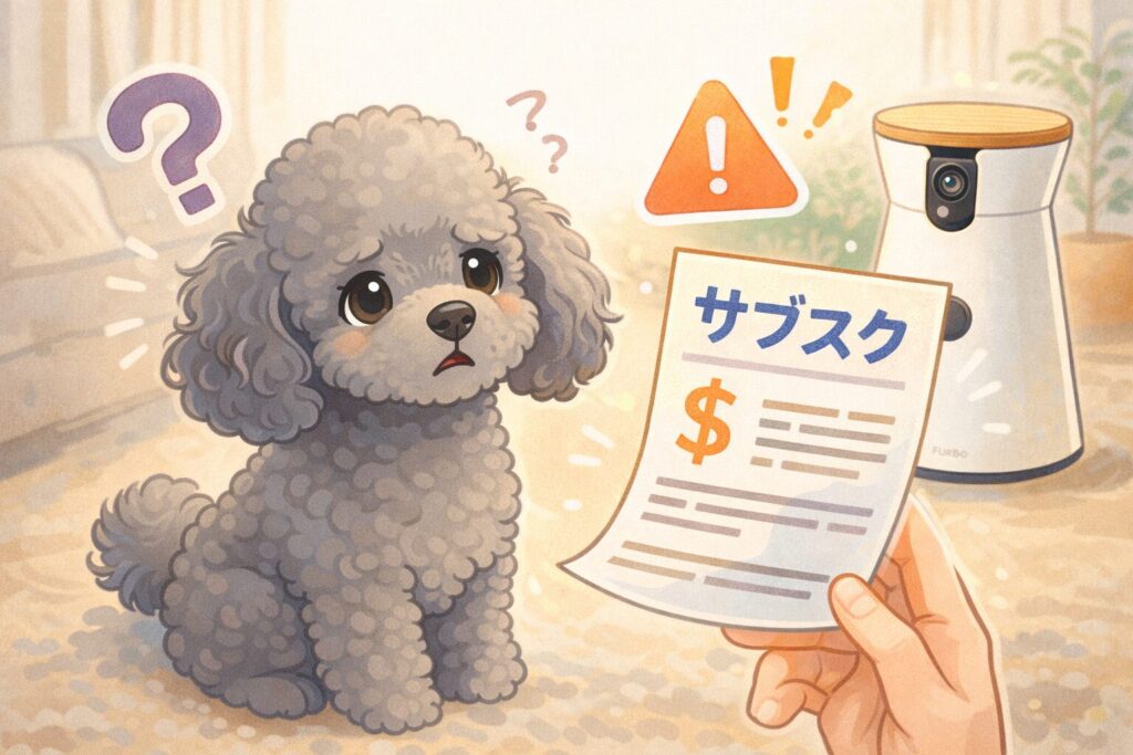 困った表情のシルバートイプードルとドッグカメラのイラスト