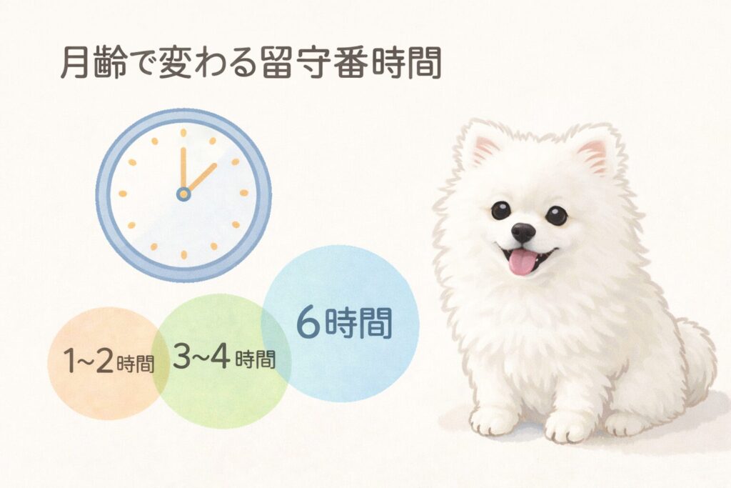 時計と一緒に描かれた白ポメラニアンの子犬イラスト