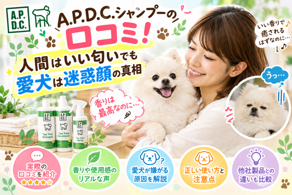 A.P.D.C.シャンプーを使った犬と飼い主、香りへの犬の反応を示すイラスト