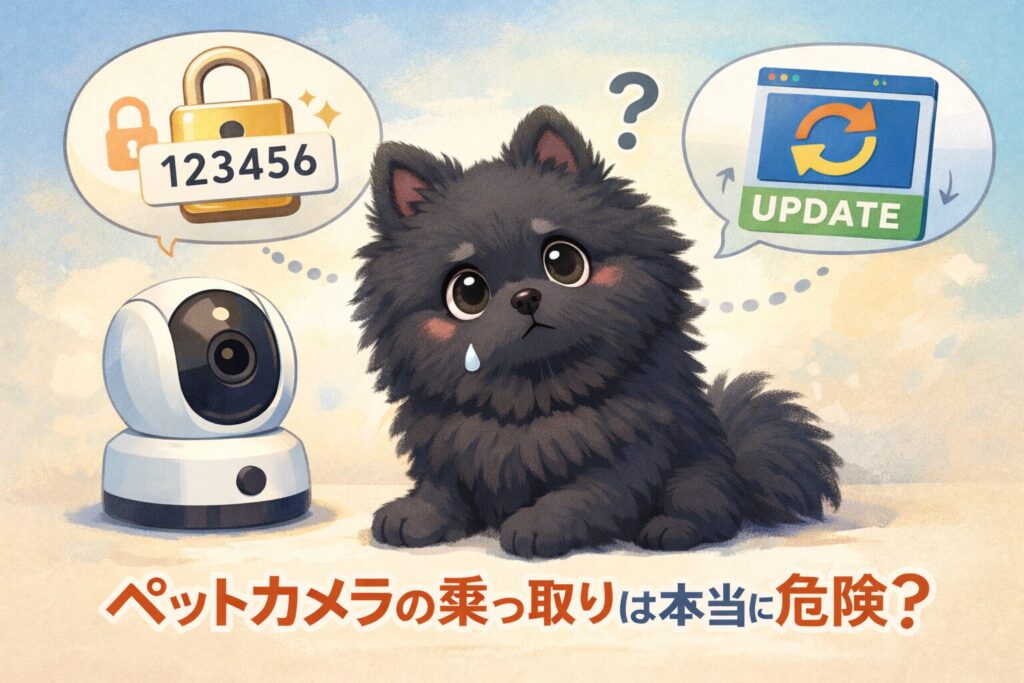 設定ミスが原因でトラブルが起こることを表現した黒ポメラニアンのイラスト