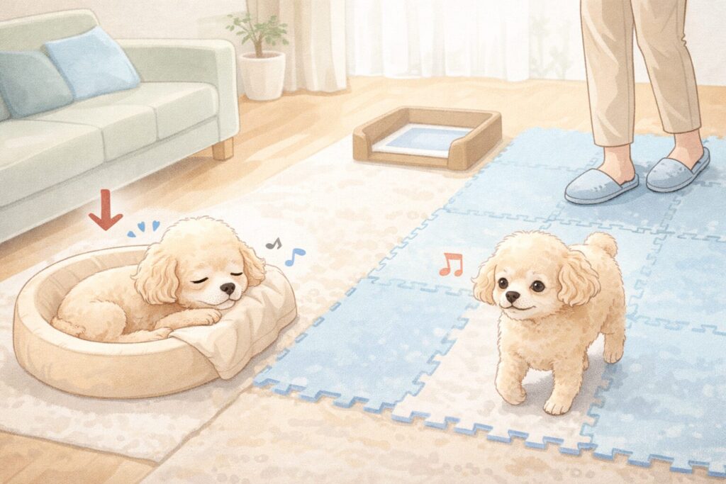 滑り止めマットと寝床を整えた室内で、安心して過ごす老犬のイラスト