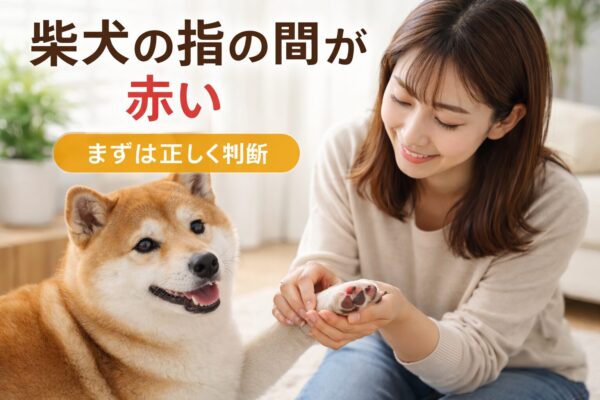 室内で柴犬の足の指の間の赤みをやさしく確認している日本人女性の様子