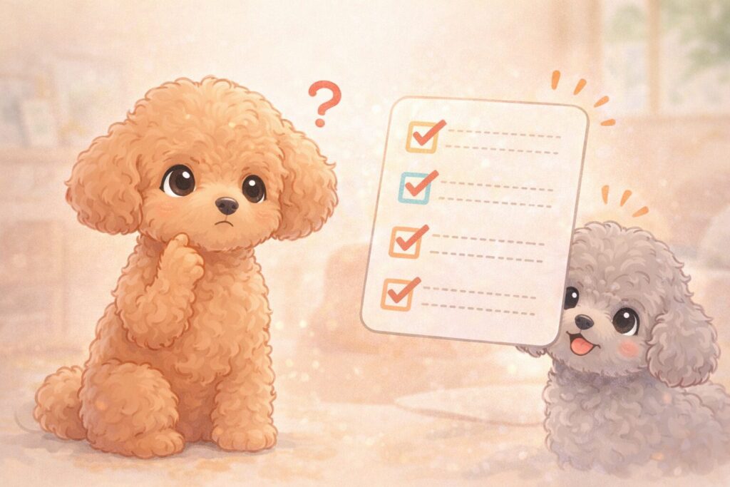 チェックリストを前に考え込むアプリコットとシルバートイプードルのイラスト