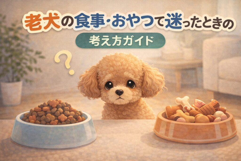 食器の前でごはんとおやつを見つめながら考えている老犬のイラスト