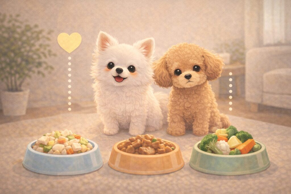 消化しやすい食事が入った複数の器の前で、並んで座る老犬のイラスト