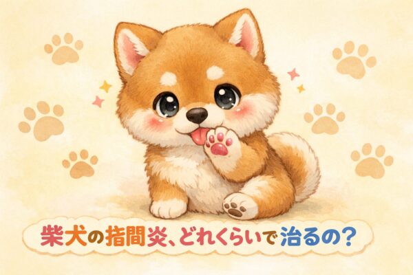 前足をちょこんと上げて舐めている可愛い柴犬のイラスト。指間炎の不安を表現している。