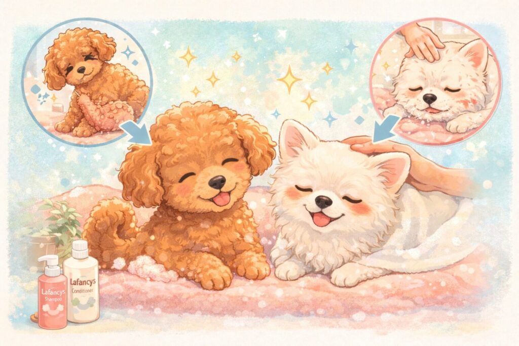 皮膚のかゆみやフケがやわらぎ、リラックスした表情のトイプードルと白ポメラニアンのイラスト