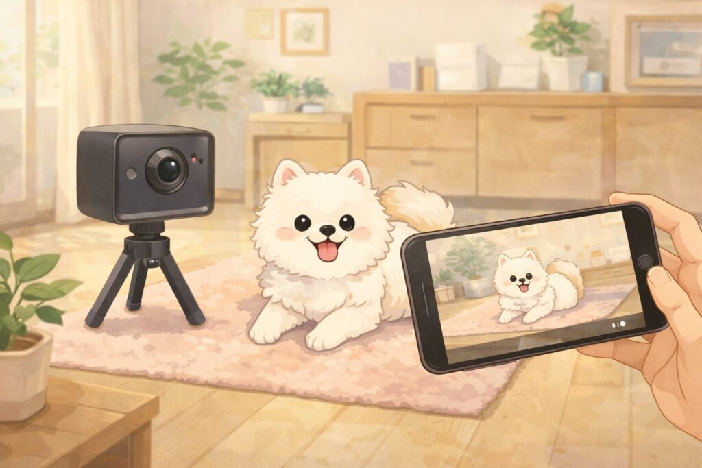 見守りカメラで留守番中の白ポメラニアンを確認する様子