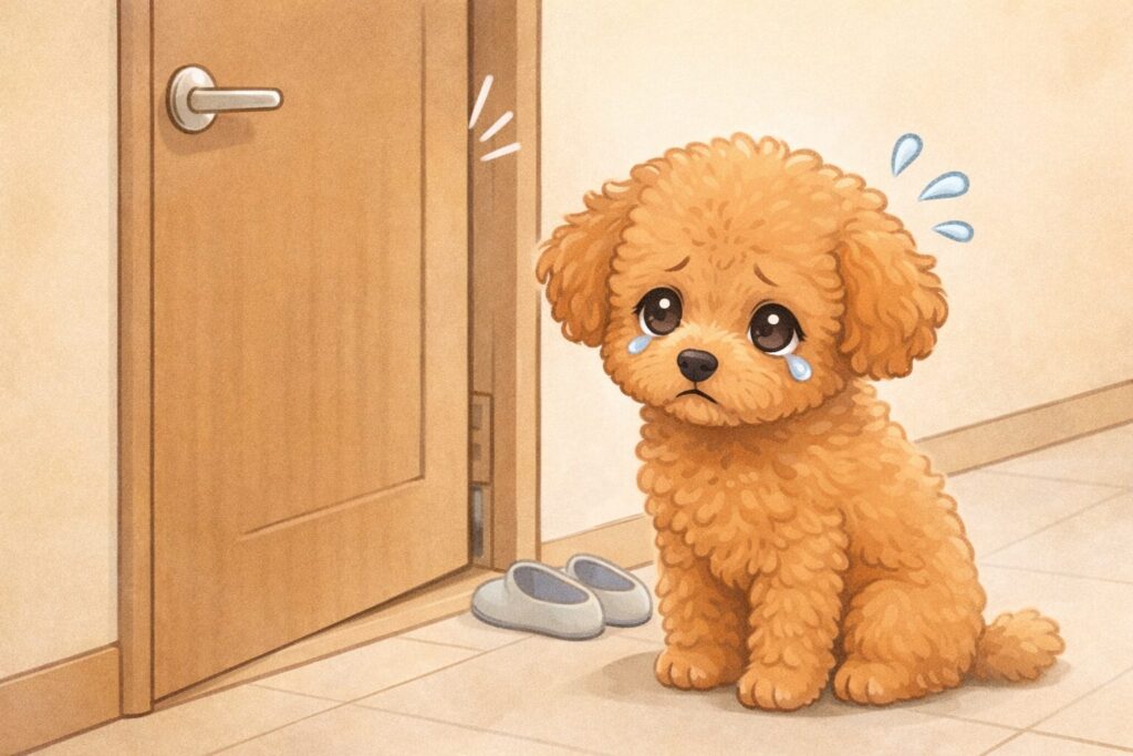 玄関の前で涙目になりながら座っているアプリコットトイプードルのイラスト