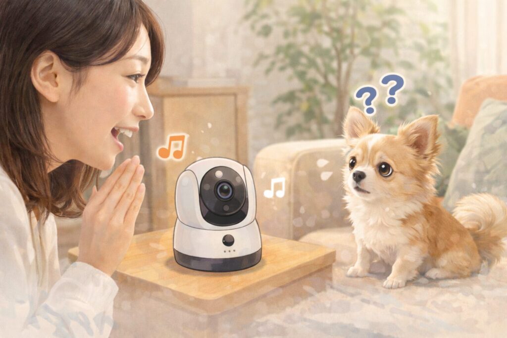 見守りカメラ越しに話しかける日本人女性と混乱した様子のチワワ