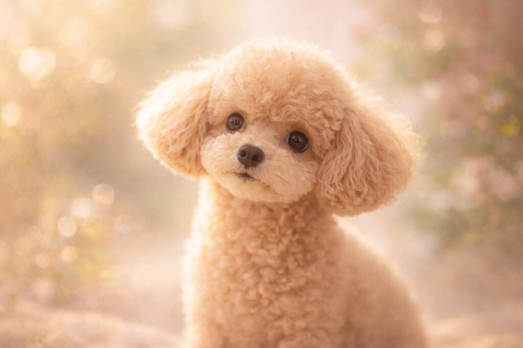 星空の下で淡く光る犬のシルエット(トイプードルをイメージした象徴表現)