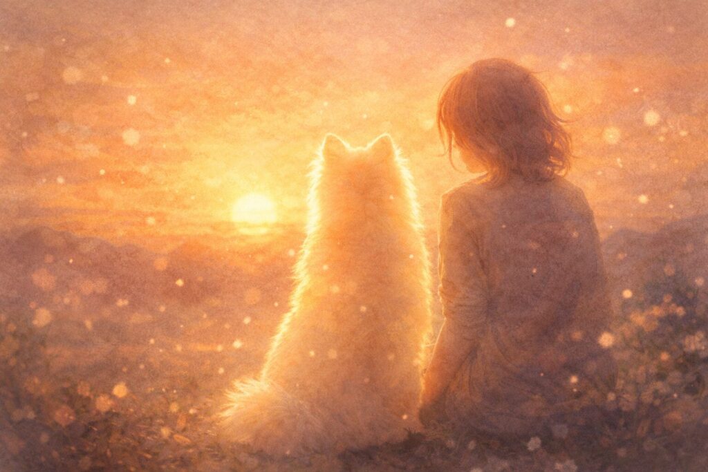 夕暮れの中で犬と再会するようなイメージ