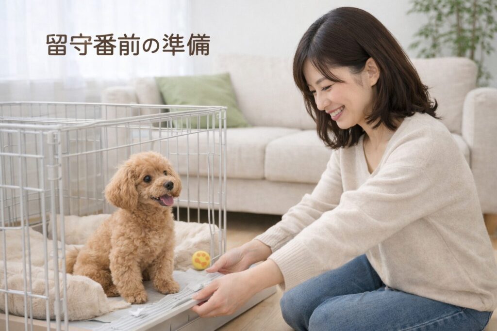 ケージを整える日本人女性とアプリコットトイプードルの子犬