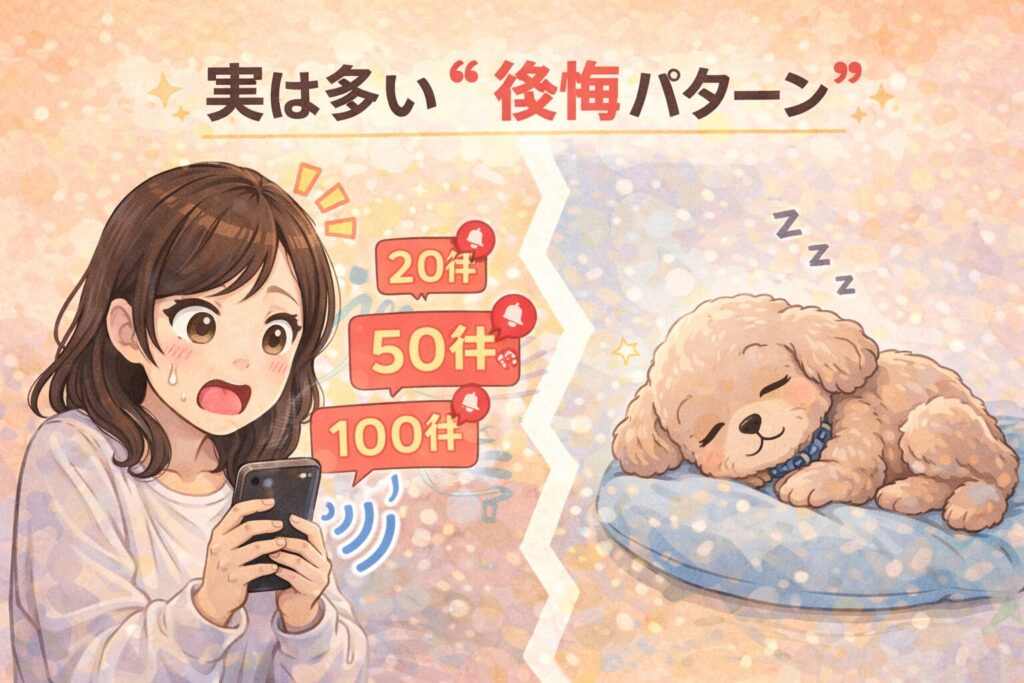 通知が大量に届いて焦る日本人女性と、横で安心して眠るアプリコットプードルを対比したイラスト