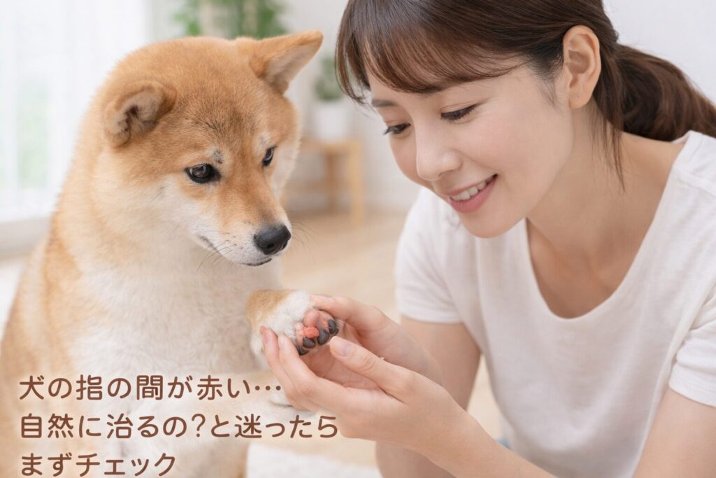 柴犬の足の指の間を優しく確認する自然な笑顔の日本人女性