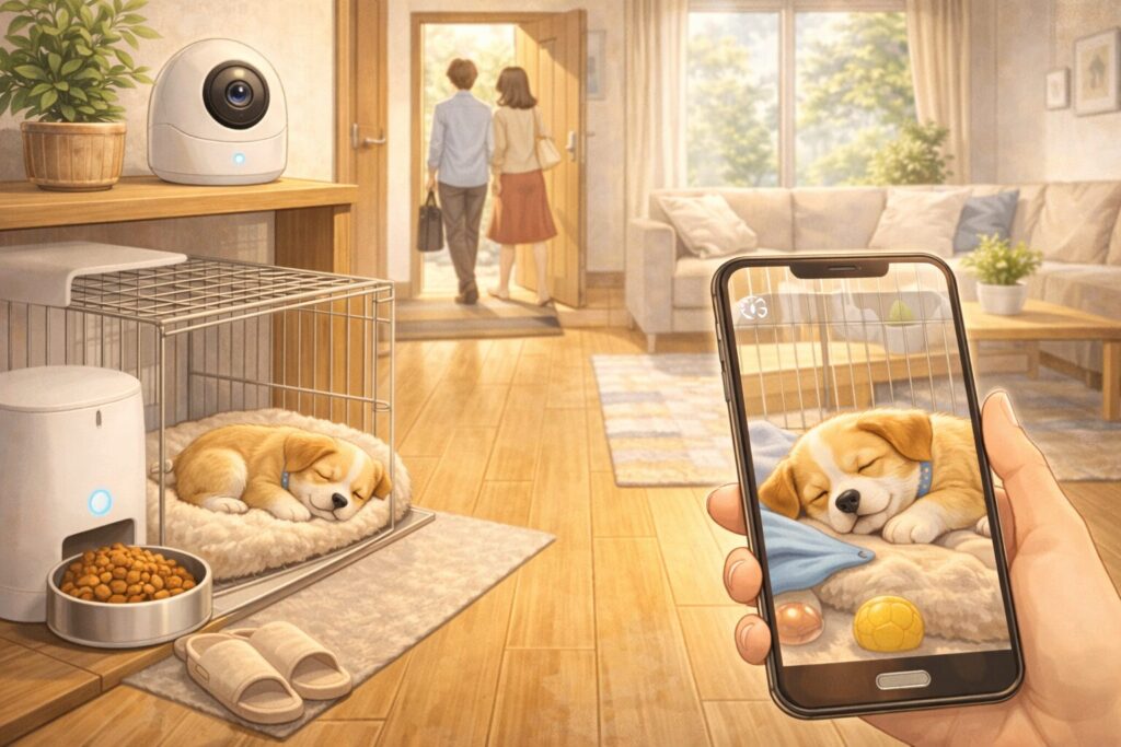 共働き家庭で留守番中の犬をスマートフォンで確認する様子のイラスト
