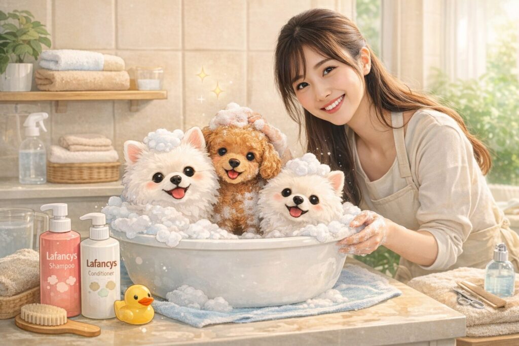 日本人女性がトイプードルとポメラニアンをやさしくシャンプーしているプロ仕様のケアシーン