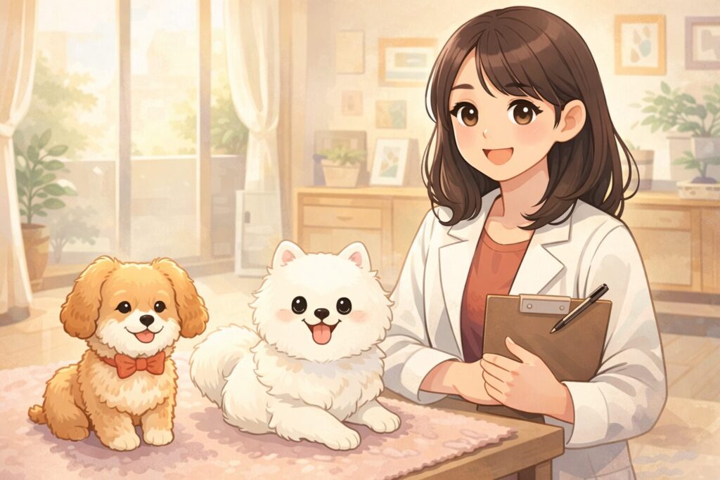 留守番中に落ち着いて過ごす白ポメラニアンとアプリコットプードルのイラスト