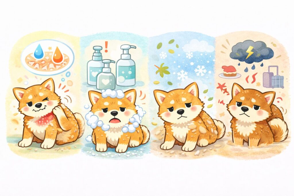 乾燥・洗いすぎ・季節変化・ストレスによる柴犬の皮膚トラブル原因イラスト