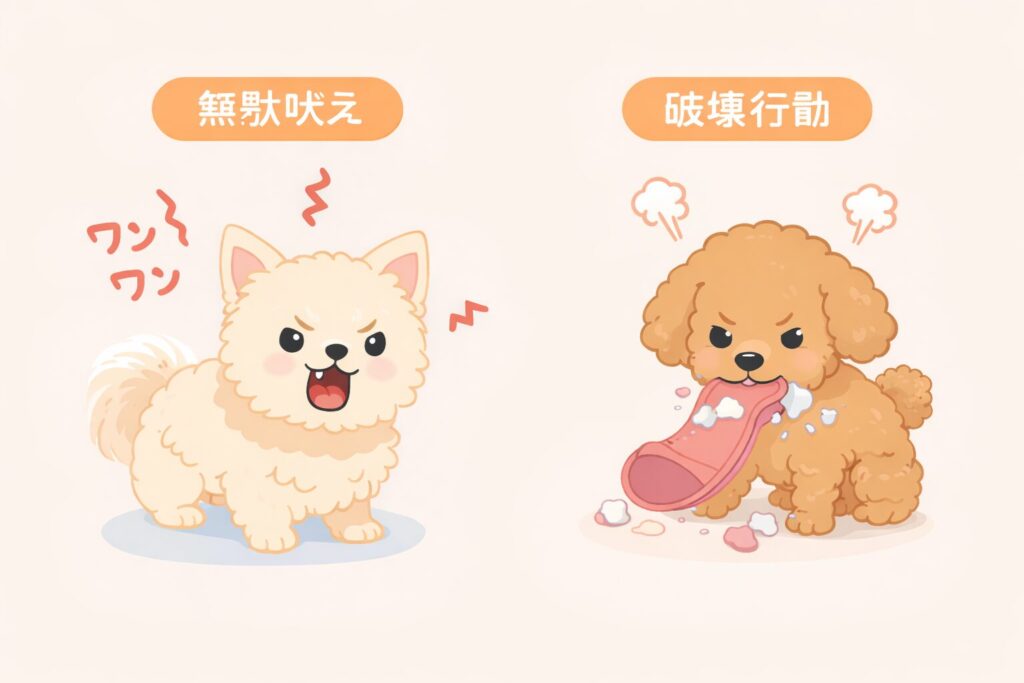 無駄吠えをするポメラニアンとスリッパを噛むトイプードルのイラスト