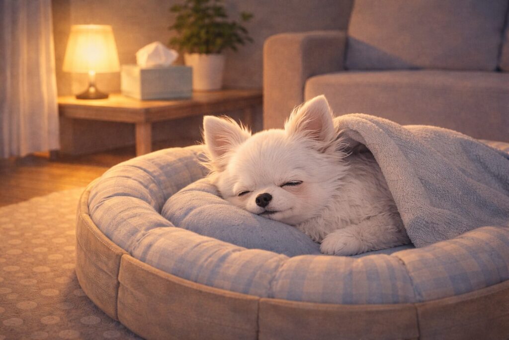 夜の室内でクッション性のあるベッドに横たわり、安心して眠る老犬の様子