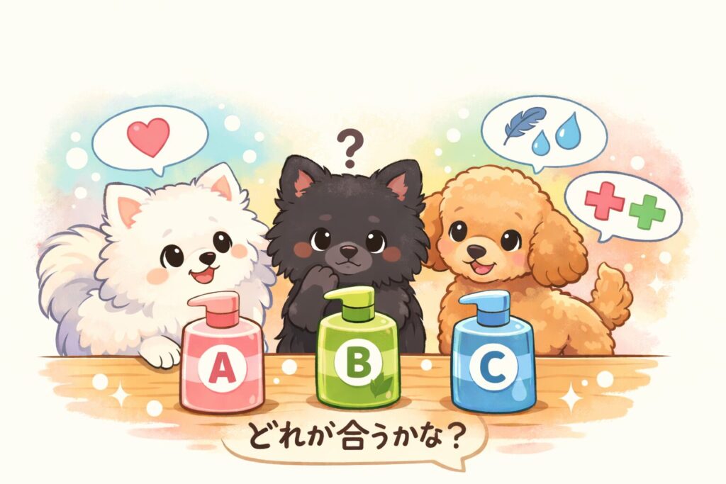 犬用シャンプーを比較する白ポメラニアン・黒ポメラニアン・トイプードルのイラスト