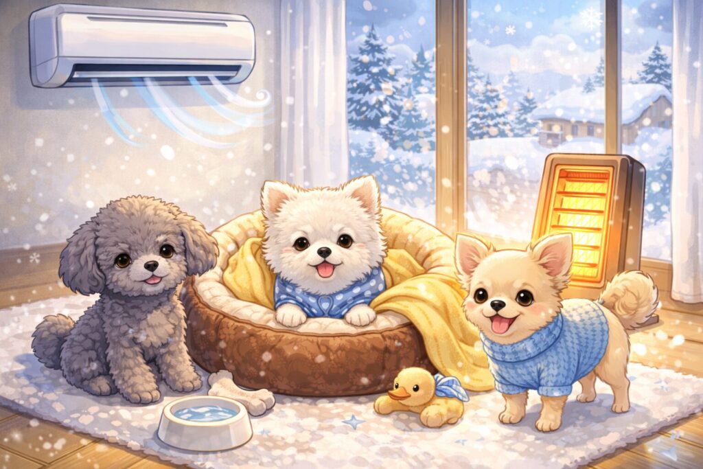 毛布に包まれた白ポメラニアンとチワワが暖かい室内で過ごしている冬対策のイラスト