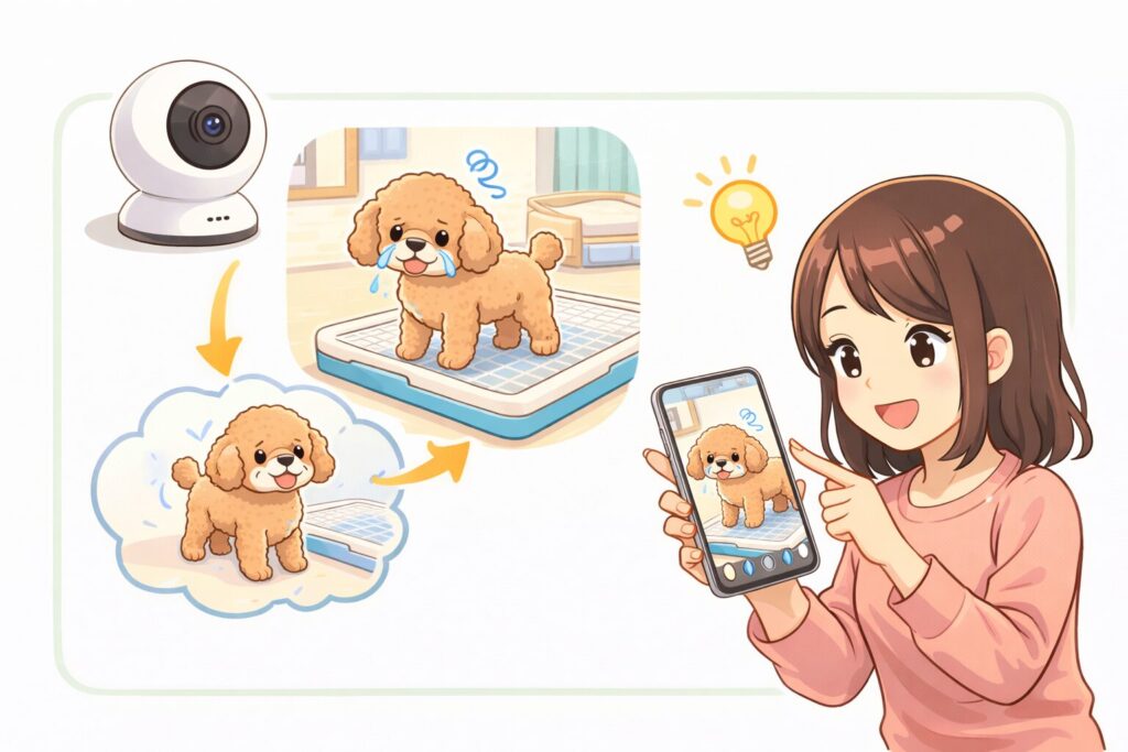日本人女性がスマートフォンでペットカメラ映像を確認し、トイレ中のアプリコットプードルを見守っているイラスト