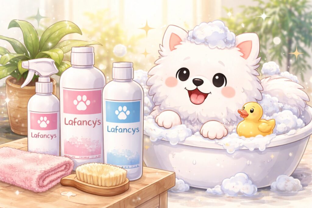 犬用シャンプー3種類を犬種別に比較しているイラスト