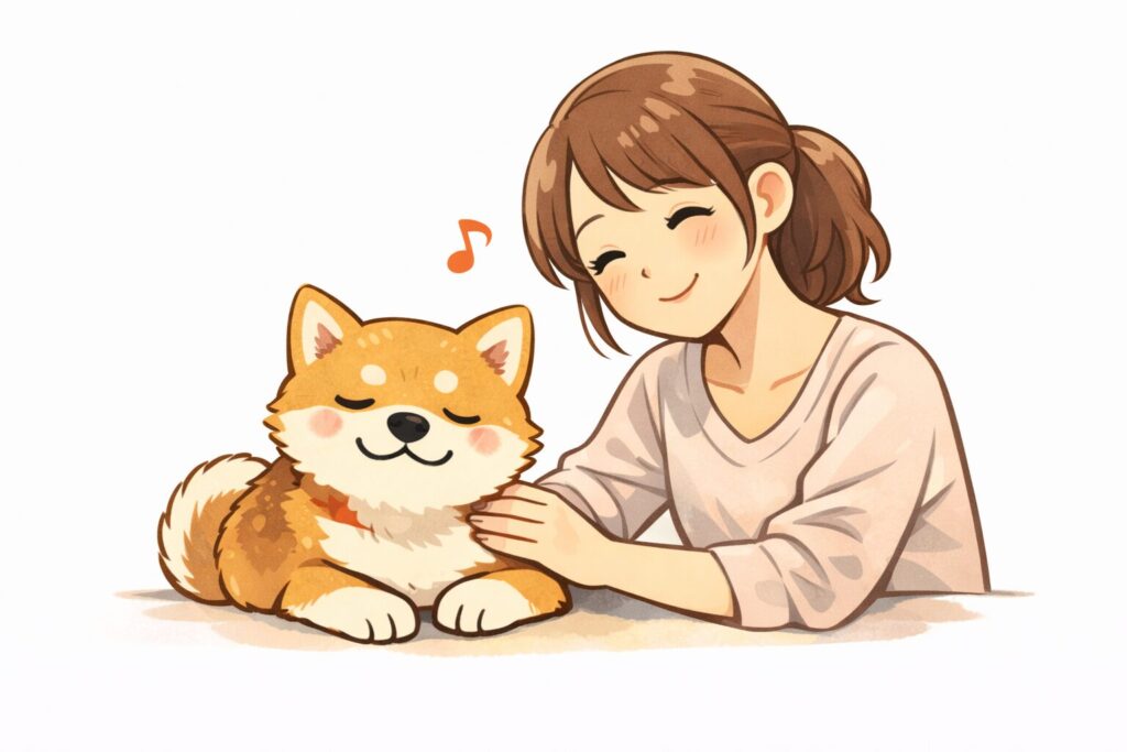 シャンプー後のかゆみが落ち着き安心した表情の柴犬のイラスト