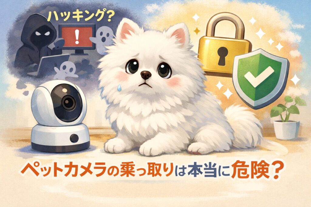 ペットカメラのセキュリティに不安を感じる白ポメラニアンのイラスト