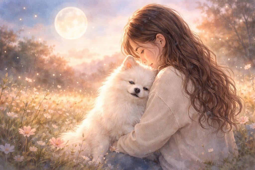 月明かりの中で犬が人にそっと寄り添うイメージ