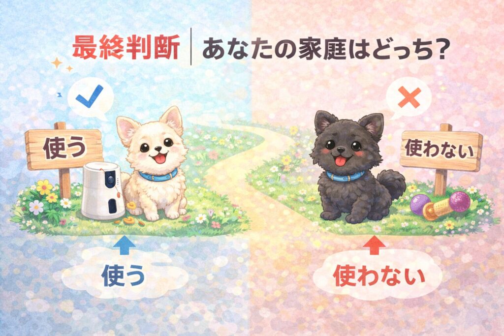 見守りカメラを使う白ポメラニアンと使わない黒ポメラニアンの2択を表現した分岐イラスト