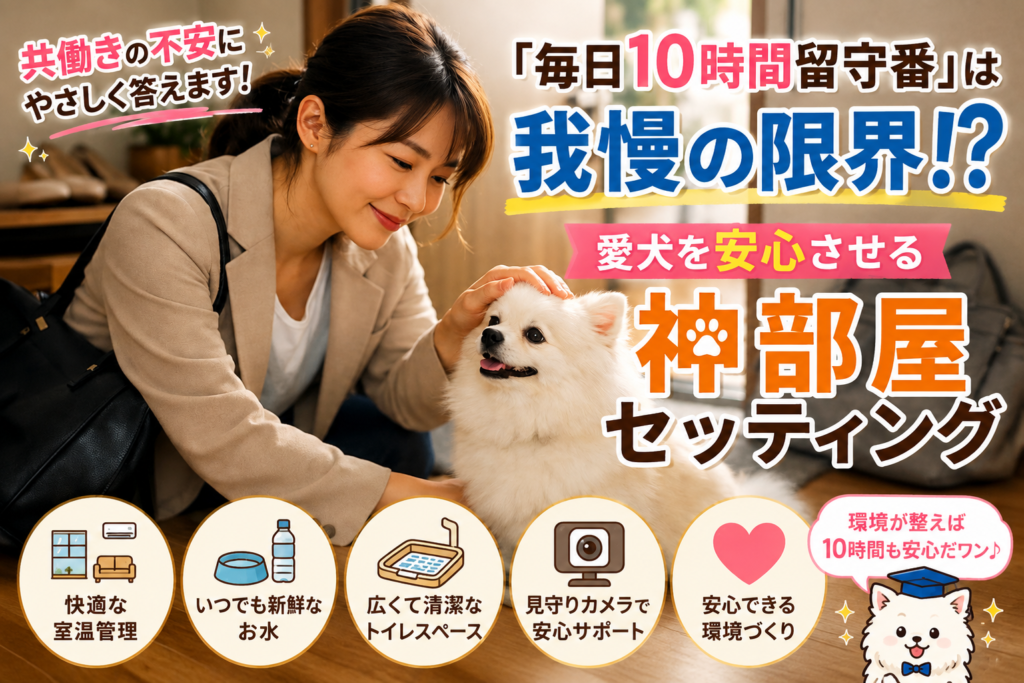 毎日10時間留守番する犬のために快適な室温や水、トイレ、見守りカメラを整えた安心できる部屋のイメージ