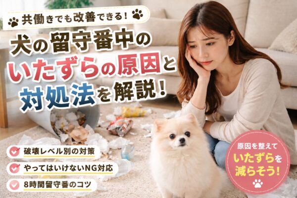 留守番中にゴミ箱を荒らしてしまい困っている犬と飼い主