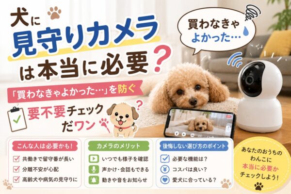 留守番中のトイプードルと犬用見守りカメラ、スマートフォンを使って見守りカメラが必要かを判断するアイキャッチ画像