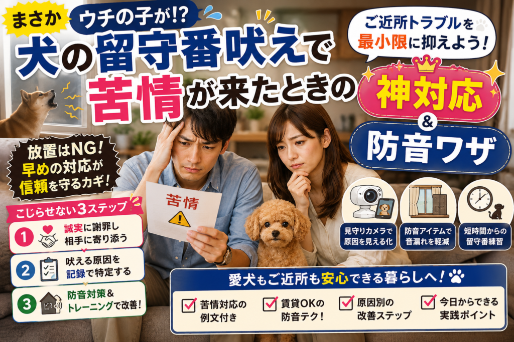 留守番中に吠える犬と、苦情への対応や防音対策を考える飼い主