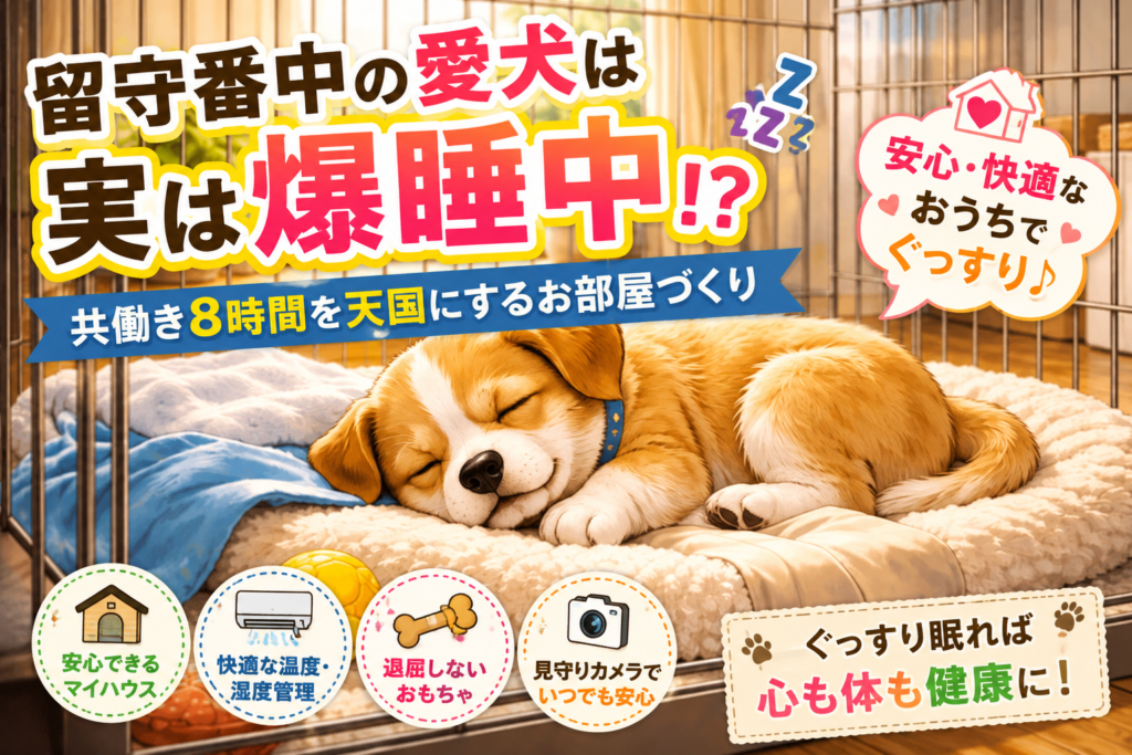 快適な室内でケージの中で眠る犬と留守番環境のイメージ