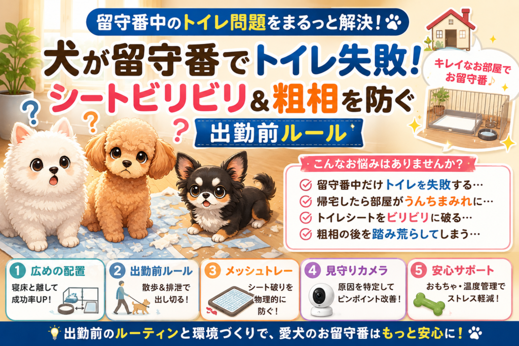 留守番中のトイレ失敗やトイレシート破りに悩む3匹の犬と、トイレ環境や生活リズム、不安対策を示したイラスト