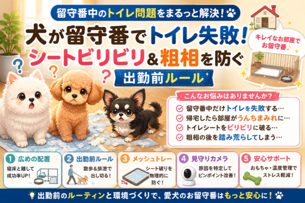 留守番中のトイレ失敗やトイレシート破りに悩む3匹の犬と、トイレ環境や生活リズム、不安対策を示したイラスト