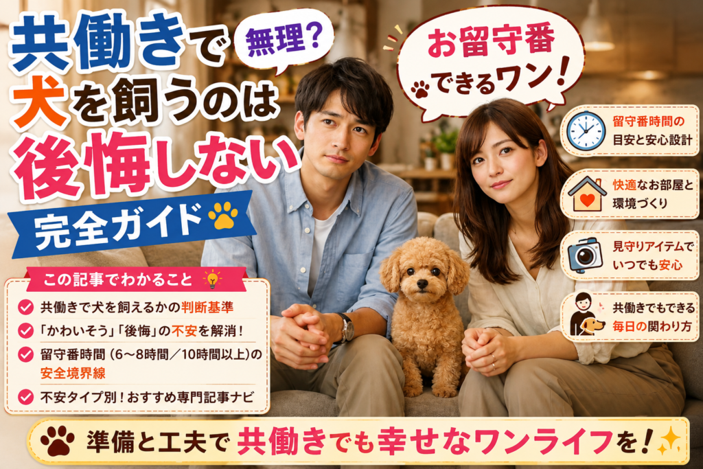 共働きの夫婦とトイプードルが自宅で過ごす、犬の留守番と仕事の両立をイメージした画像