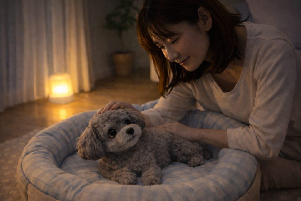 夜の室内で常夜灯のそばにいる老犬を、日本人女性がやさしく撫でて見守っている様子