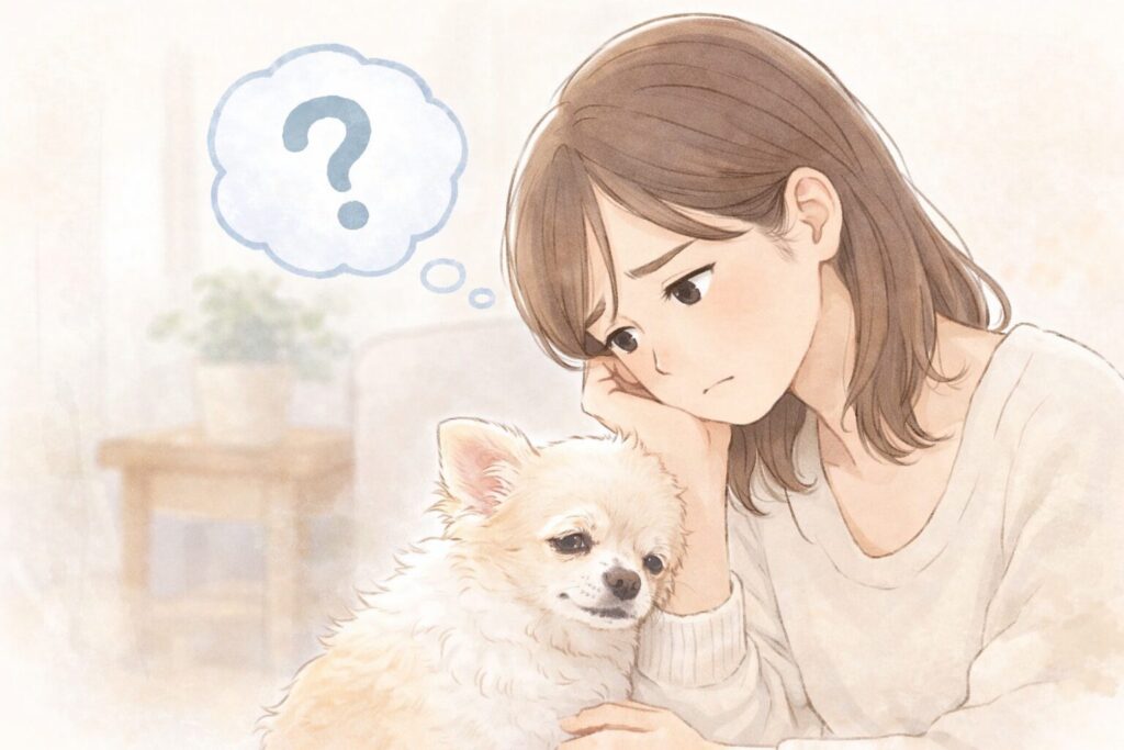 老犬介護で判断に迷い、不安を抱えながら愛犬と向き合う飼い主の気持ちを表したイラスト