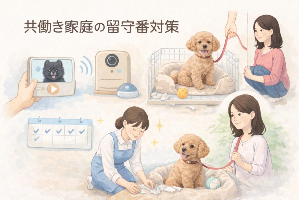 見守りカメラやケージで安心環境を整える子犬のイラスト
